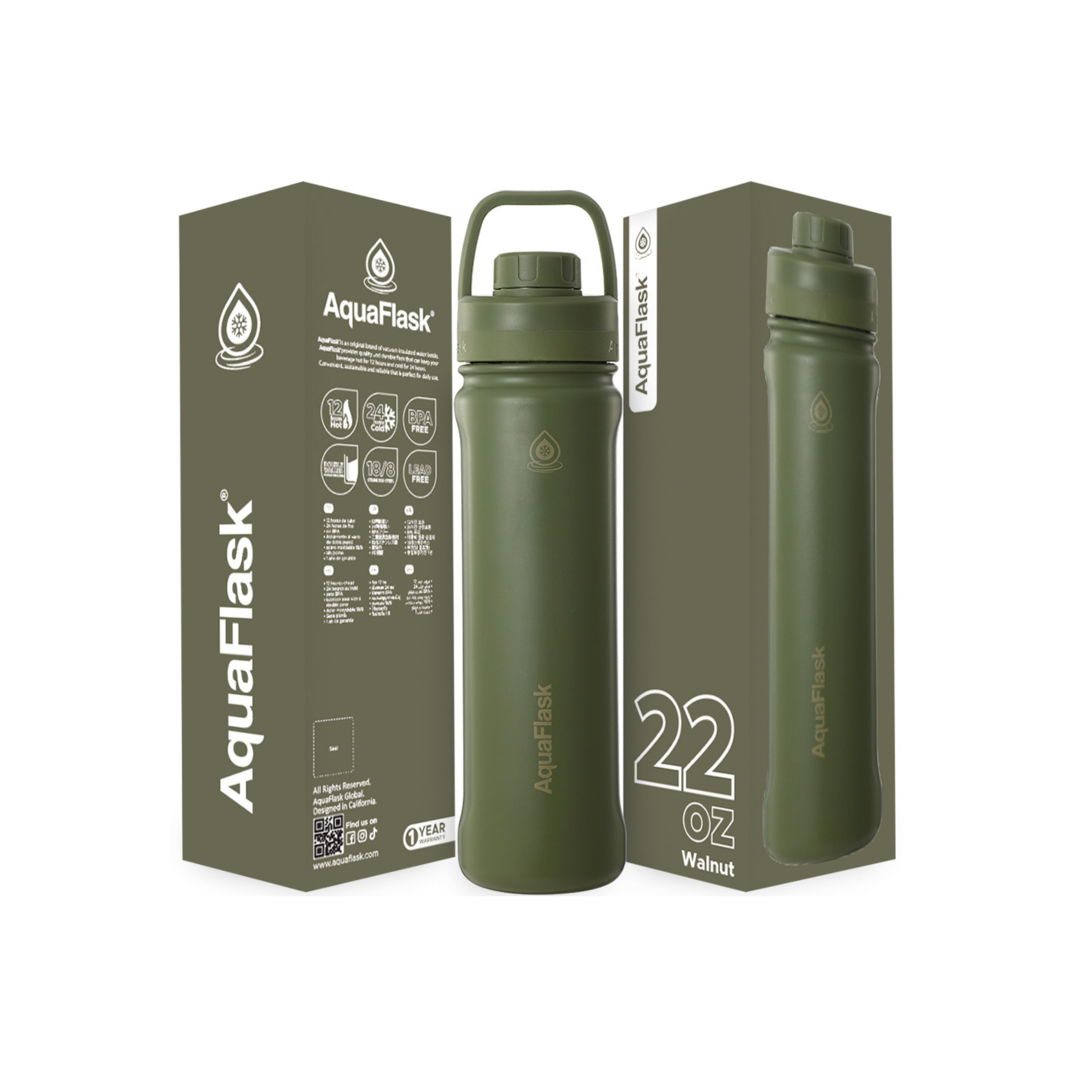 Grüne AquaFlask Sports Lid Bottle Edelstahl Trinkflasche 650 ml (22 oz) mit Sports Lid und Haltegriff neben Originalverpackung in Walnut