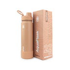 Braun AquaFlask Earth Collection Edelstahl Trinkflasche 650 ml (22 oz) mit Schraubdeckel, Haltegriff und Schutz-Boot neben Originalverpackung in Wild Mushroom